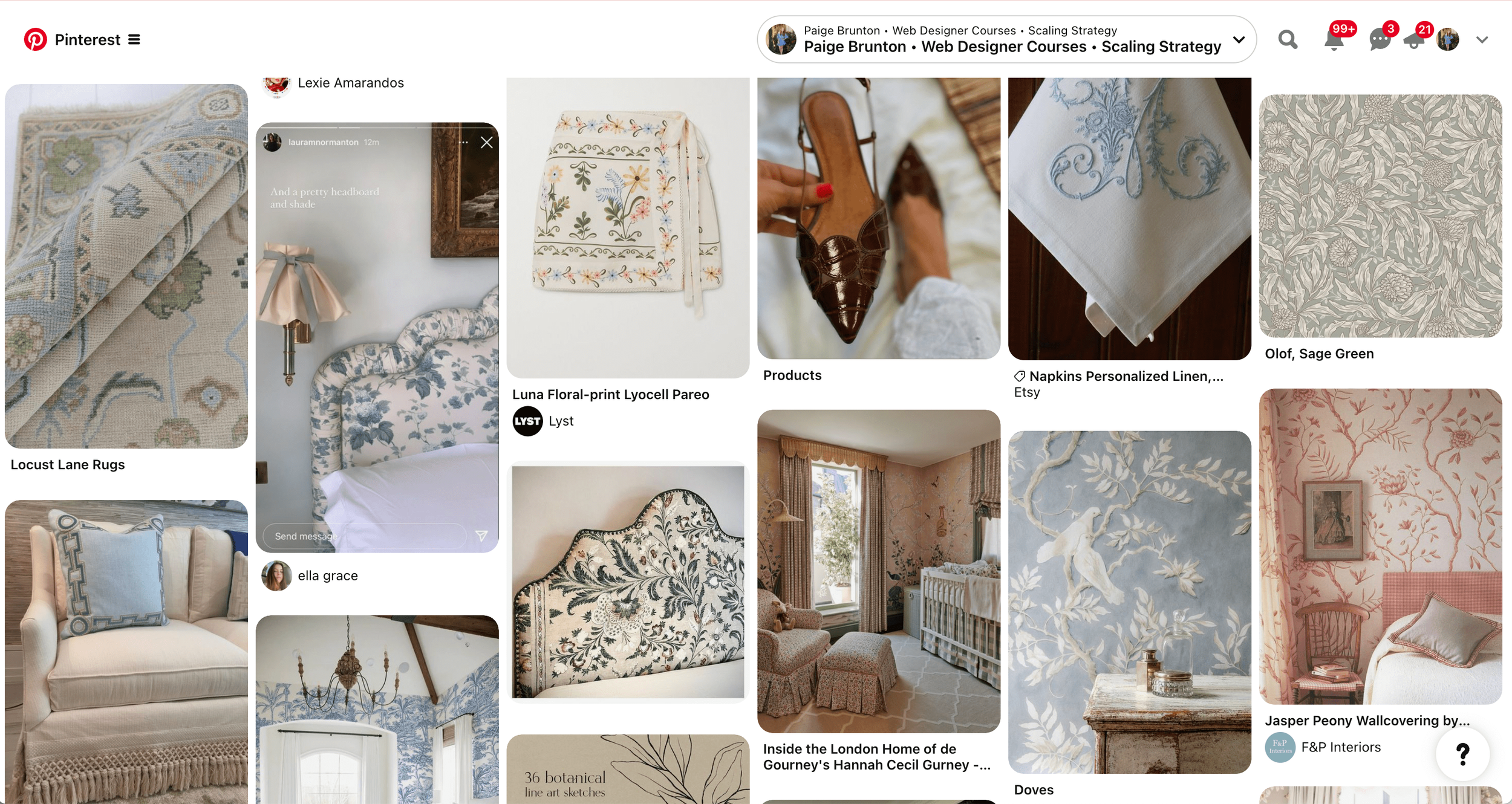 Pinterest board displaying a variety of antique patterns, beautiful interiors and shoes.png